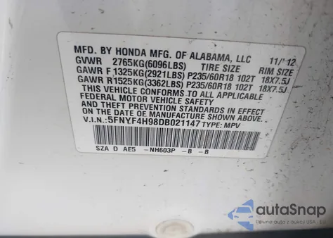 2013 Honda Pilot Touring from USA, damaged, VIN 5FNYF4H98DB021147
